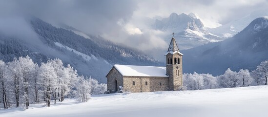 Winter scene of Torla church nestled among snowy mountains with a tranquil atmosphere and untouched white landscape.