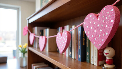 Pink heart garland with polka dots hanging on a bookshelf in a cozy interior