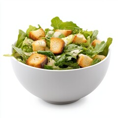 A fresh caesar salad featuring leafy greens, croutons, and a creamy dressing, served in a white bowl.