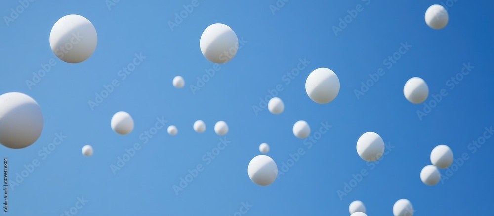 Poster white spherical objects floating against a clear blue sky creating a serene and uplifting visual atm