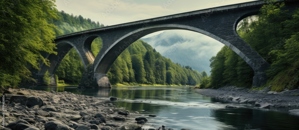 Poster majestic stone bridge arching over a tranquil river surrounded by lush greenery and mountains in a s