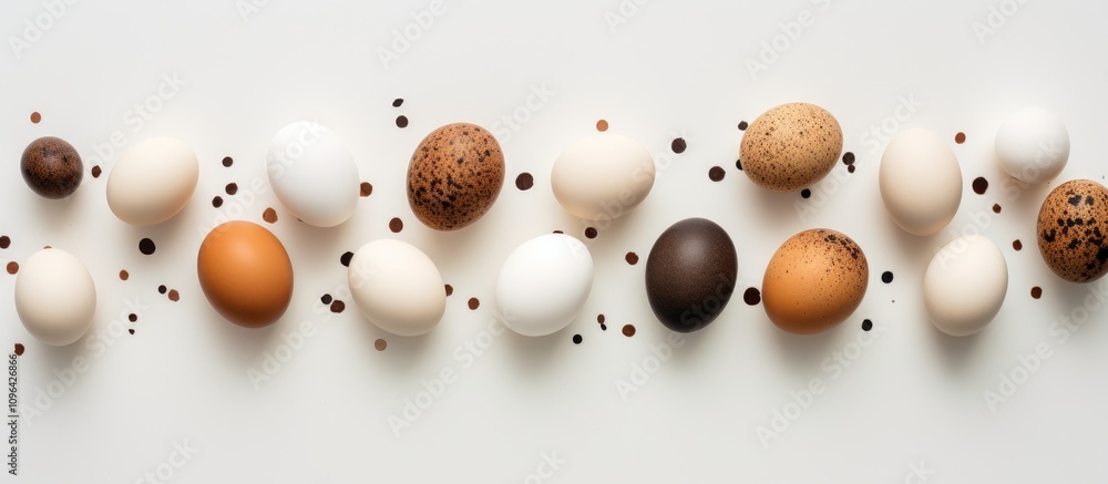 Poster assorted chicken and quail eggs in various colors and patterns arranged on a minimalist backdrop fla