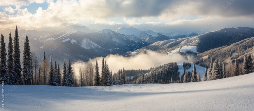 Poster snowy mountain landscape illuminated by sunlight with clouds and evergreen trees in winter setting