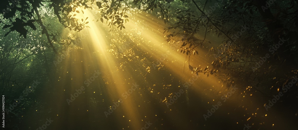 Poster Sunlight filtering through dense forest foliage creating a serene and peaceful natural atmosphere with glowing rays and soft shadows.