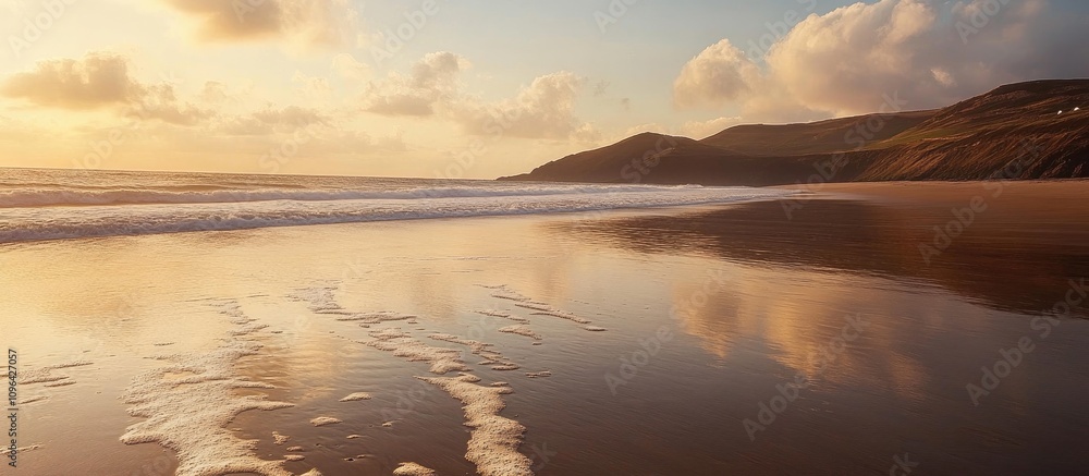 Aufkleber serene sunset over sandy beach with reflective wet sand and gentle waves creating a tranquil coastal