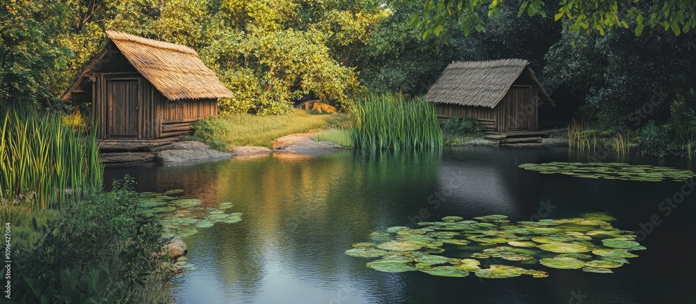 Poster Tranquil small pond scene with two rustic huts surrounded by lush greenery and lily pads in serene natural setting.
