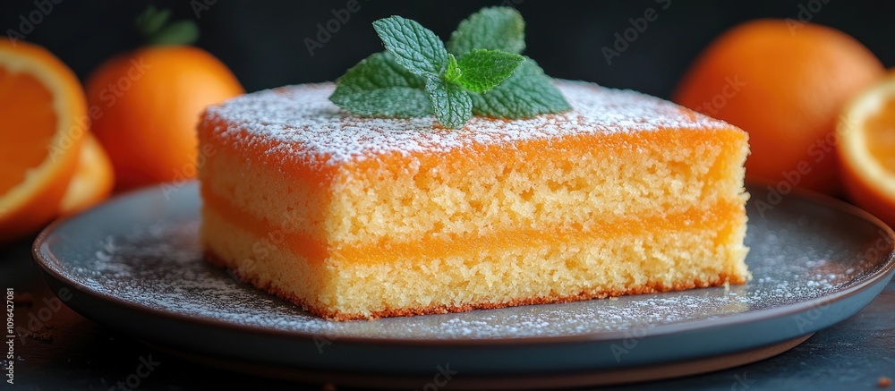 Poster homemade orange cake with mint garnish served on a plate surrounded by fresh oranges and dusted with