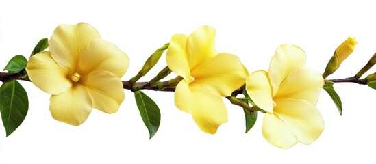 Yellow Allamanda flowers with green leaves arranged elegantly on a clean white background showcasing natural beauty and floral design.