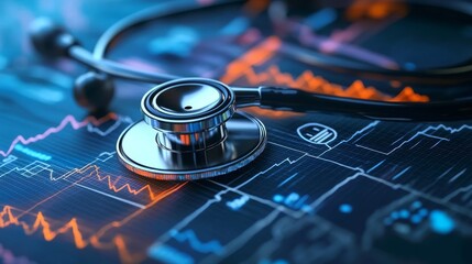 A stethoscope above a digital health chart symbolizes the integration of medical technology and data analysis, highlighting advancements in diagnostics and the rise of telehealth and telemedicine