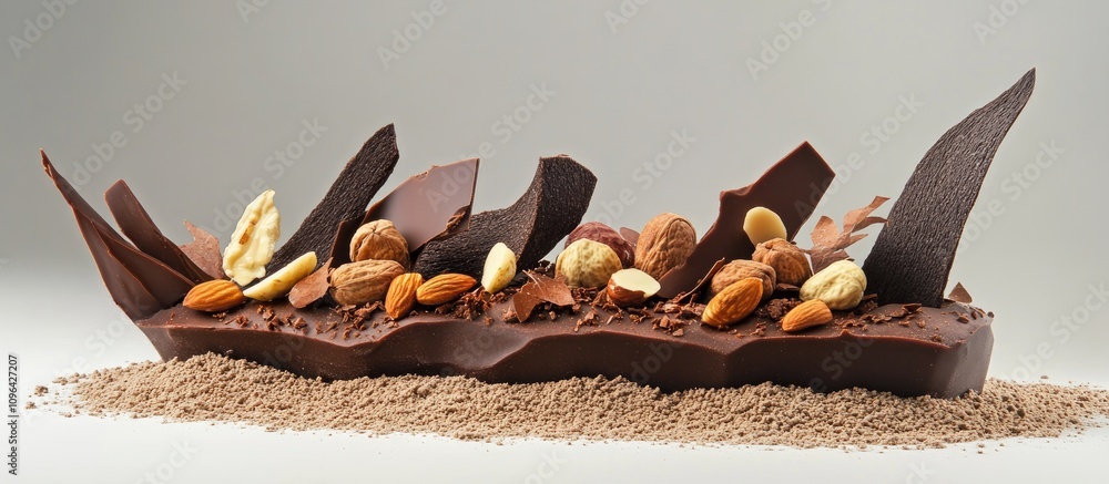 Poster decadent chocolate cake adorned with assorted nuts and elegant chocolate shards on a textured surfac