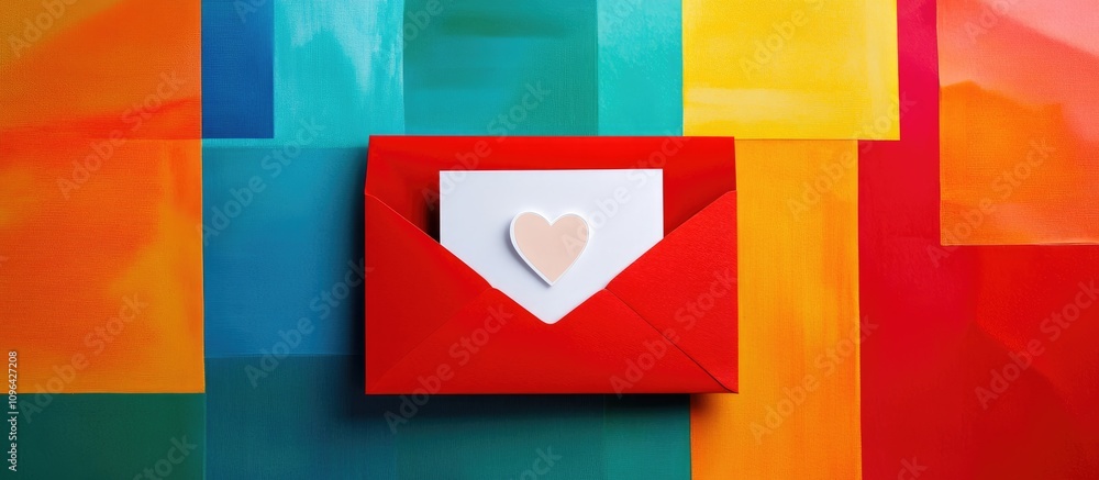 Poster Red envelope with blank card and heart shape on vibrant abstract background for love messages or invitations creative concept