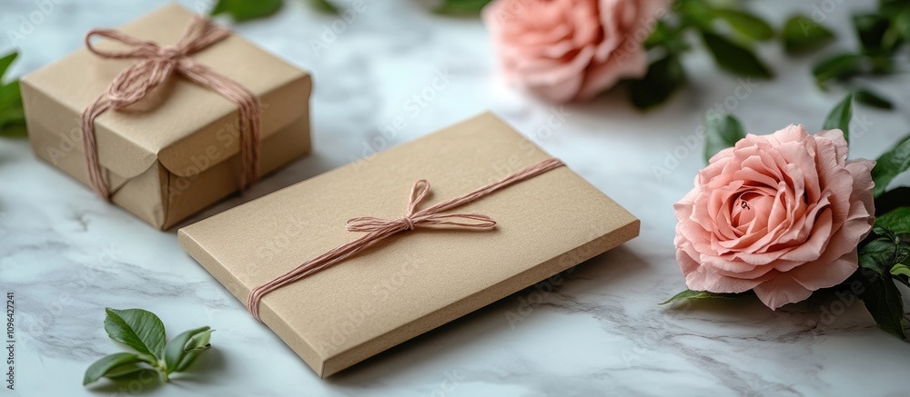 Poster mothers day card with kraft envelope and gift boxes surrounded by pink flowers on a marble table cre