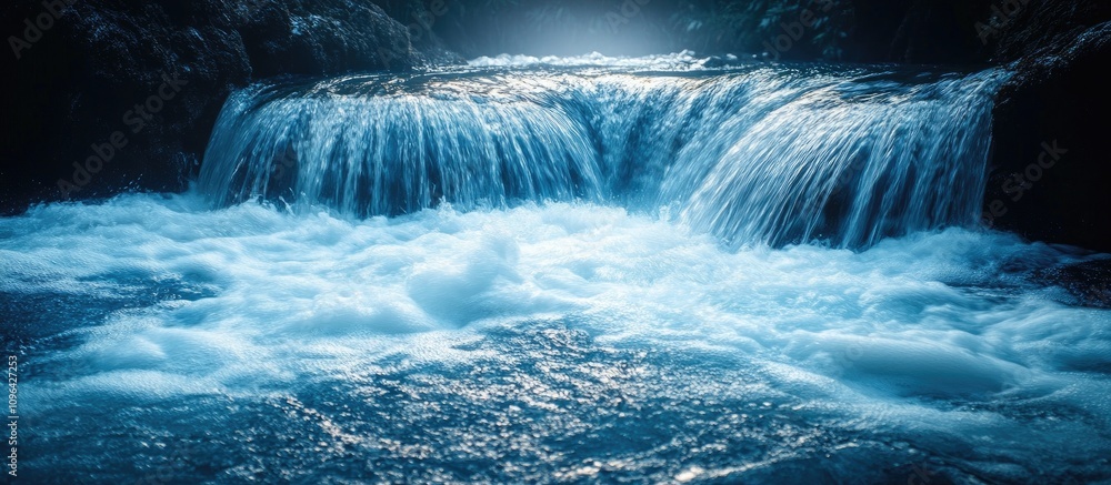 Poster dynamic river flow cascading over rocks in a serene natural landscape with soft sunlight reflecting 