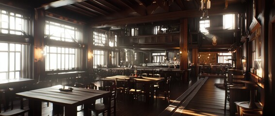 An expansive view of the bar area in a fantasy medieval tavern, with an open fire visible in the background, presented as a 3D rendering.