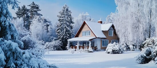 Naklejka premium Charming winter cottage nestled in a snowy landscape surrounded by fir trees ideal for family retreats and group accommodations