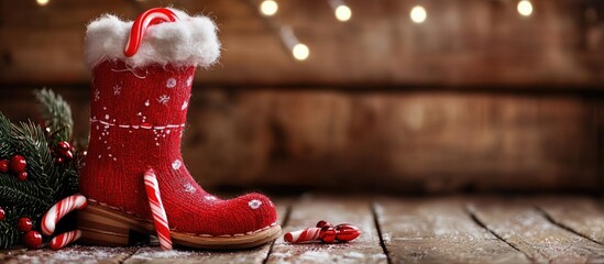 Stuffed red boot filled with candy canes on rustic wooden background adorned with festive lights and greenery for holiday decoration ideas