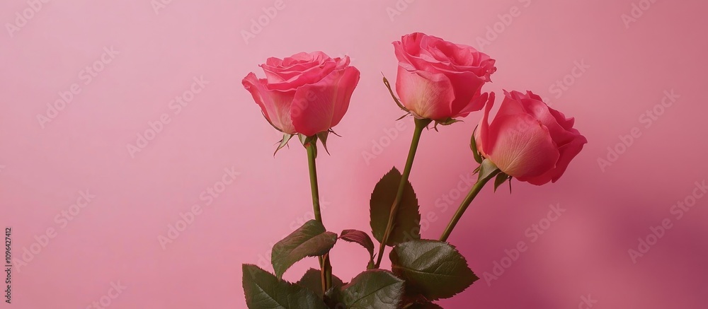Aufkleber pink roses elegantly arranged with lush green leaves on a soft pink backdrop creating a romantic and