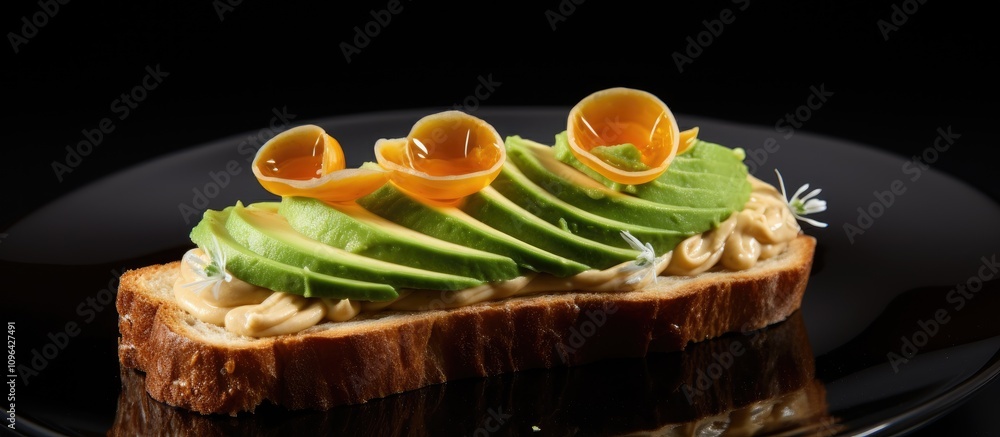 Poster Avocado toast elegantly garnished with delicate toppings on a rustic slice of bread against a dark background