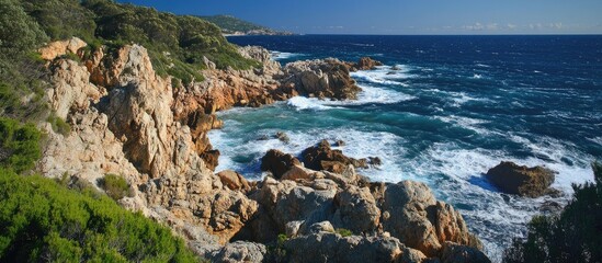 Obraz premium Southern coastline with rocky terrain and crashing waves against blue ocean under clear skies and lush green surroundings.
