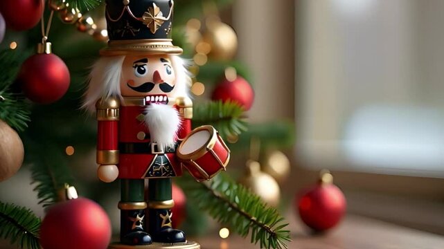 a bright Christmas video picture with a Nutcracker figurine with a drum on the background of a Christmas tree with balls and a silhouette of sparkling garlands with a bokeh effect