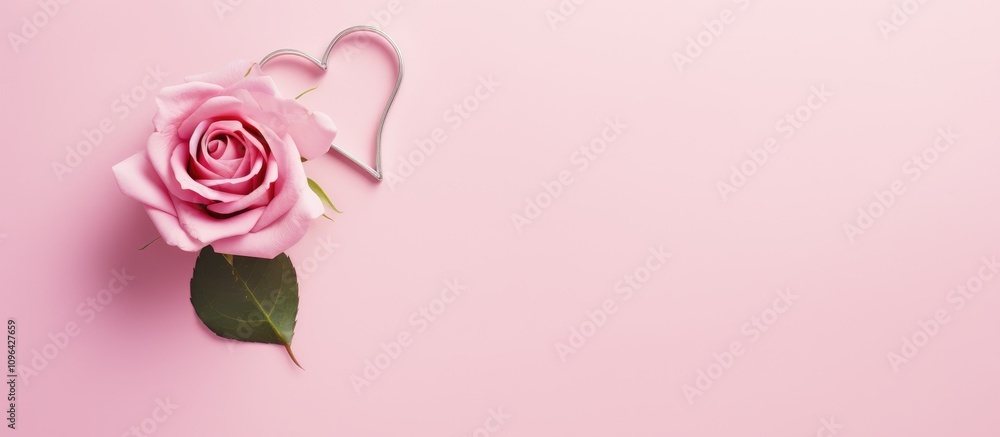 Poster romantic flat lay with pink rose and heart shape ribbon on soft pink background creating a serene mi