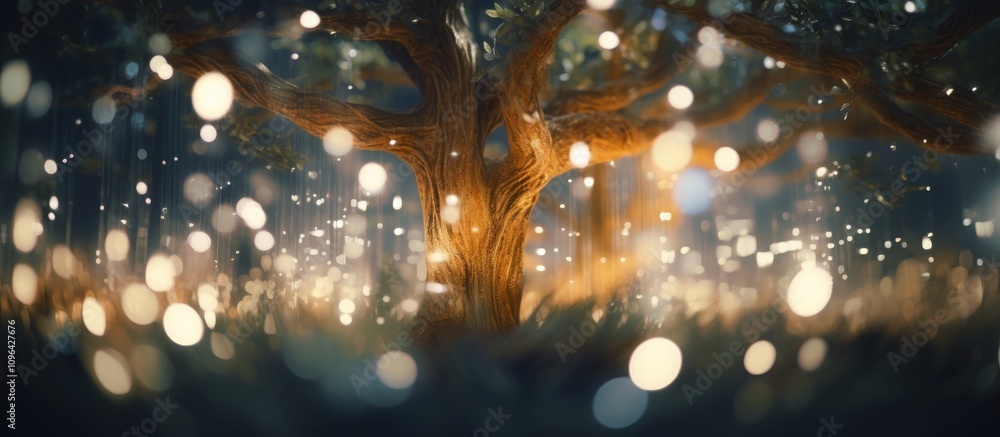 Poster magical tree illuminated by fairy lights creating a mesmerizing atmosphere with a dreamy blurred bac
