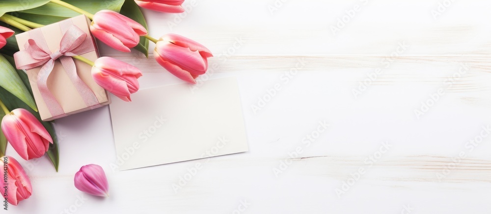 Aufkleber Spring tulip bouquet with a gift box and blank card on a rustic white table capturing a fresh and festive flat lay composition