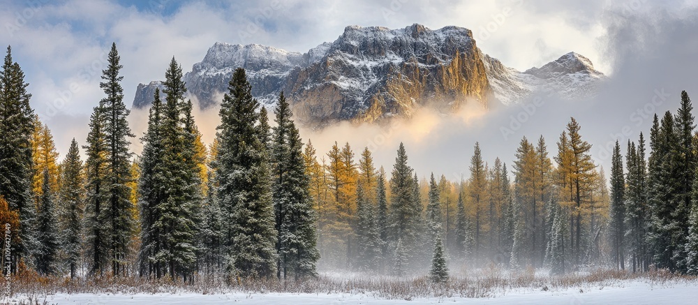 Aufkleber snow-covered coniferous trees in foreground with fog-enshrouded mountains creating a serene winter l