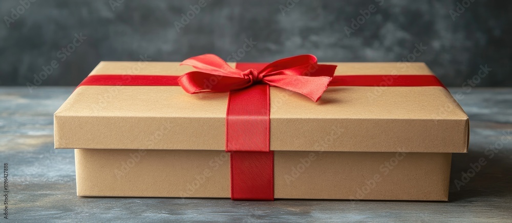 Aufkleber elegant gift box wrapped in brown paper and adorned with a vibrant red ribbon on a textured backgrou