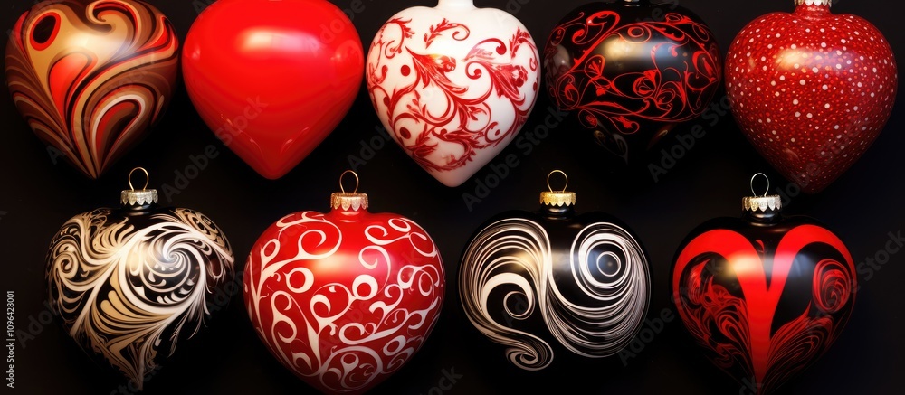 Poster valentine's day heart ornaments in red and black with elegant designs and patterns for festive decor