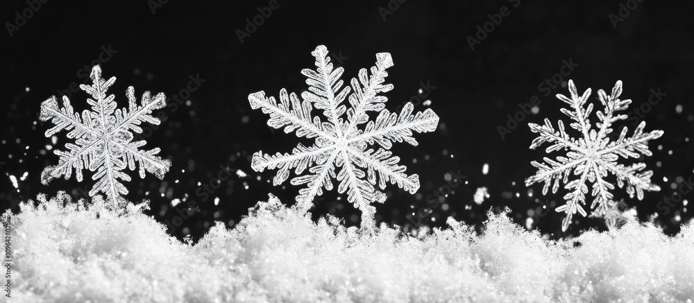 Poster snowflakes on a black background creating a winter atmosphere with falling snow and a textured surfa