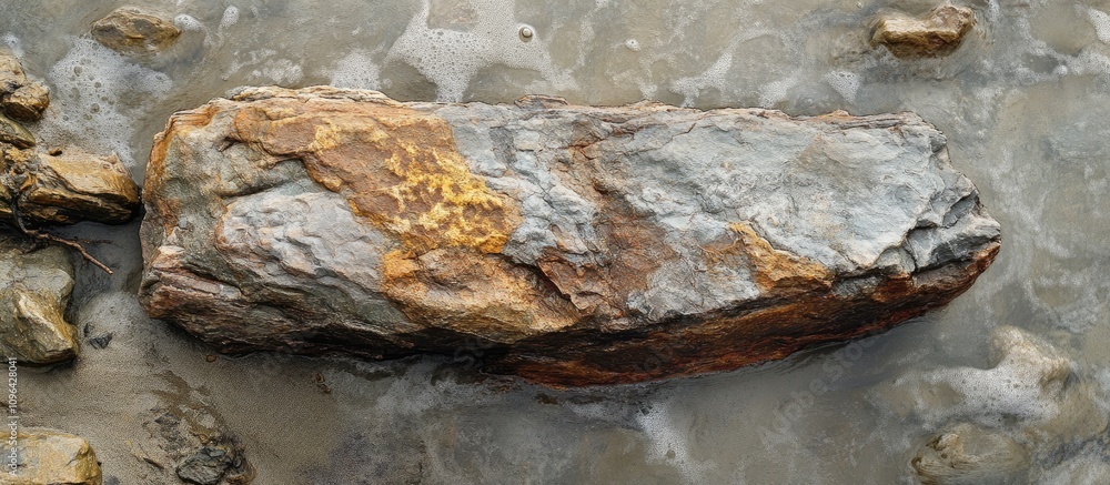 Poster natural ocean rock with unique textures and colors resting in shallow water surrounded by pebbles on