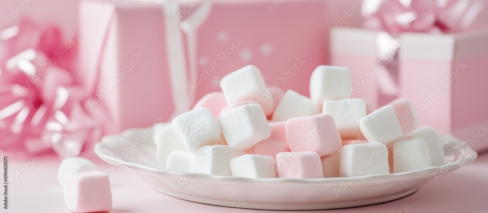 Poster delicate pastel marshmallows on a plate with pink gift boxes in the background creating a soft and i