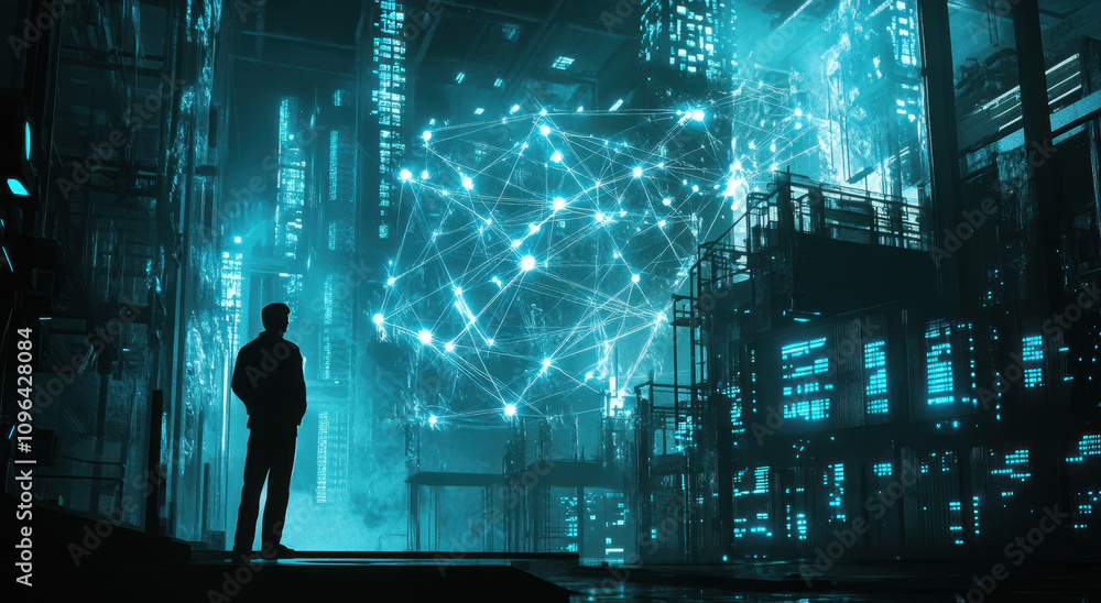Poster a digital network connecting data points in an industrial setting, with the silhouette of an enginee