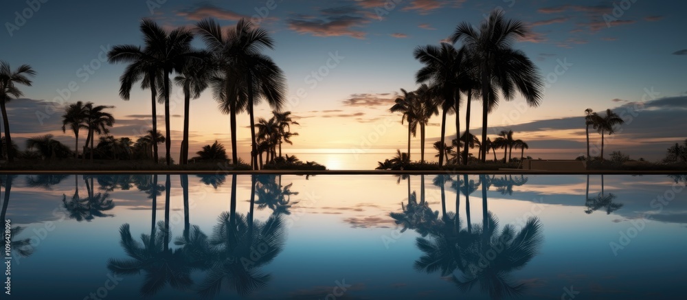 Poster tranquil evening sky reflected in a serene swimming pool surrounded by palm trees showcasing natural
