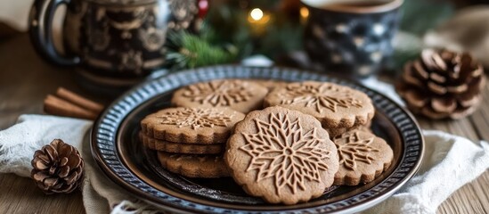 Fototapeta premium Festive Spekulatius and Elisen gingerbread cookies beautifully arranged on a plate with tea and holiday decorations for a cozy Christmas setting