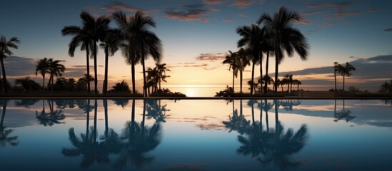 Obraz premium Tranquil evening sky reflected in a serene swimming pool surrounded by palm trees showcasing natural beauty and peaceful ambiance