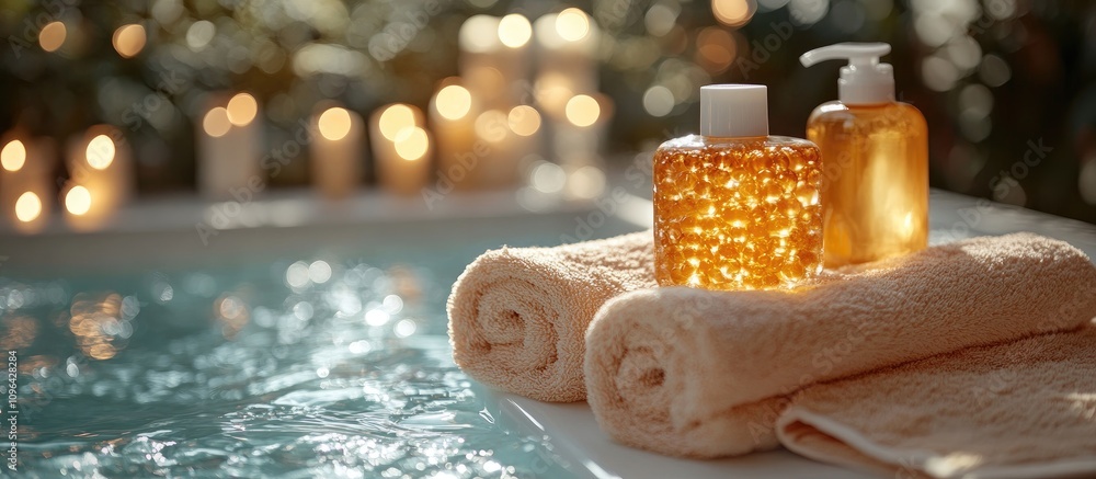 Poster relaxing spa treatment setting featuring towels and luxurious oils with a soothing water backdrop fo