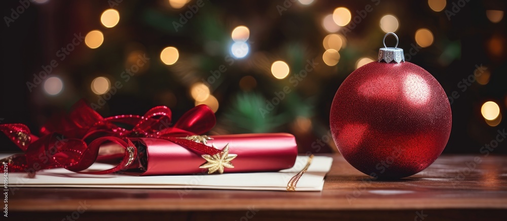 Poster Red Christmas ornament and decorative scroll on a wooden table with twinkling tree lights and star confetti creating a festive atmosphere