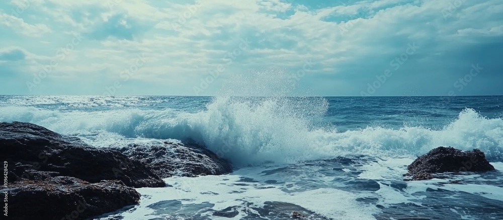 Poster waves crashing against rocky shoreline under a cloudy sky with expansive ocean view and dynamic text