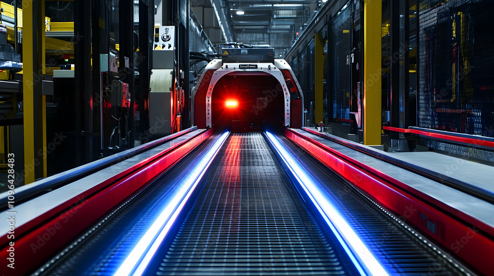 Poster automated factory conveyor belt system with illuminated tracks