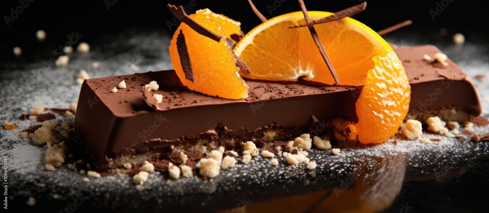 Poster decadent chocolate dessert with tangerine slices and crunchy topping on black background