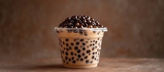 Boba tea with tapioca pearls in a clear cup on a textured background ideal for summer beverage promotions and food photography
