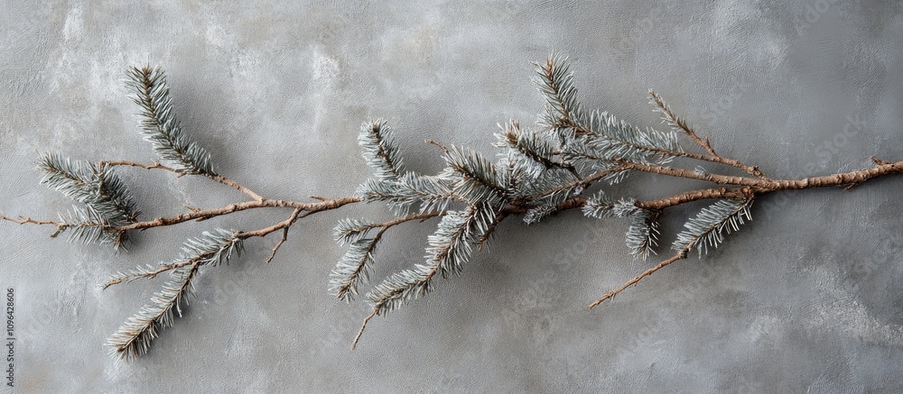 Poster spruce twigs delicately arranged on a textured gray background creating a serene natural aesthetic p