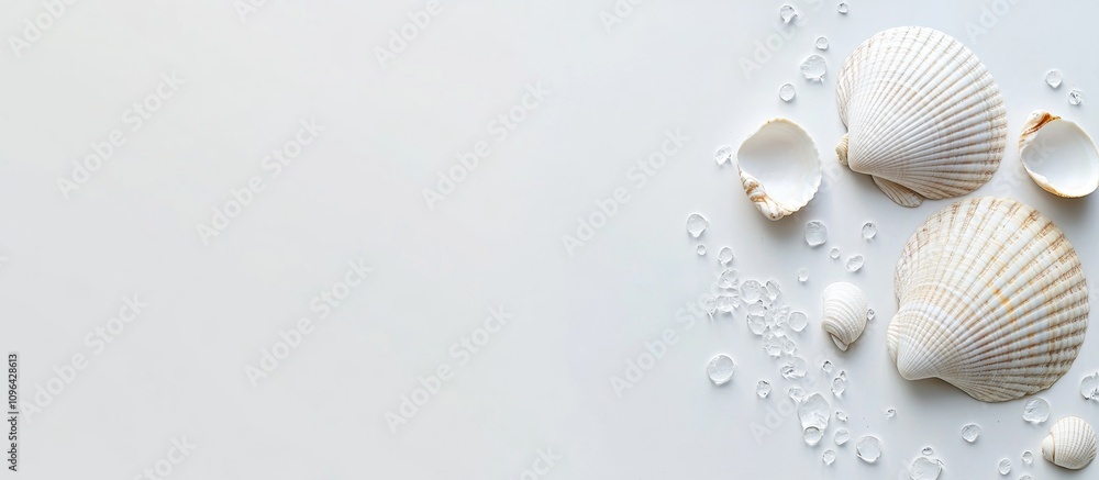 Poster white sea shells arranged on a clean background with water droplets creating a serene coastal aesthe