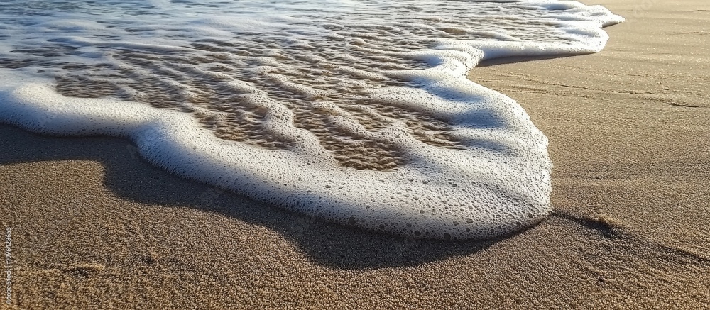 Poster textured beach sand with wave patterns and sea foam creating a tranquil coastal scene during a sunny