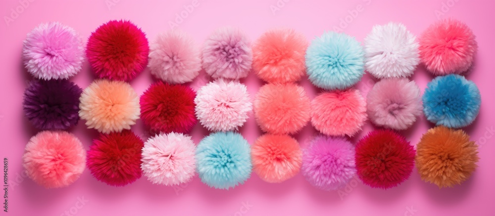 Aufkleber colorful pom poms neatly arranged on a vibrant pink background showcasing a playful and artistic fla