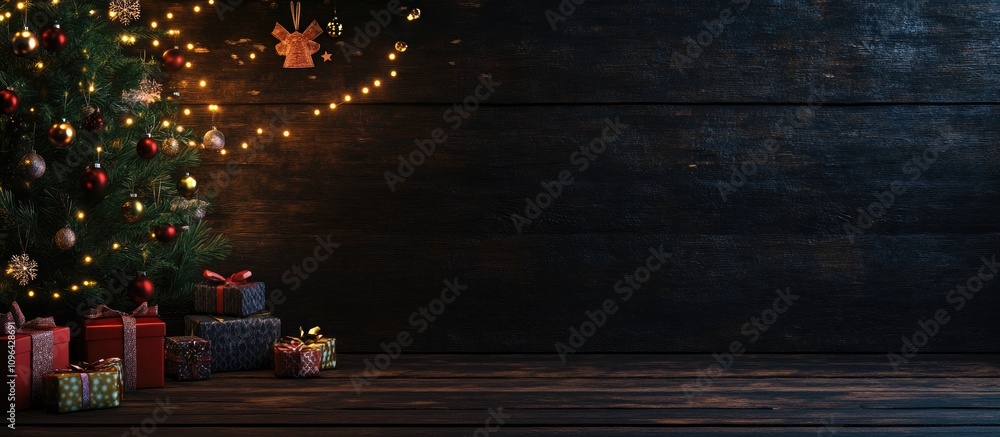 Aufkleber christmas tree with ornaments and wrapped presents on dark wooden background with bokeh lights and s