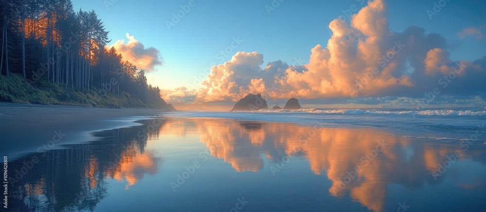Aufkleber serene morning beach landscape with colorful clouds and reflections on wet sand surrounded by forest