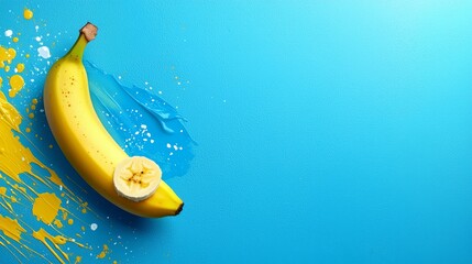  a banana with a slice of banana on top of it, surrounded by a vibrant yellow paint splatter on a blue background